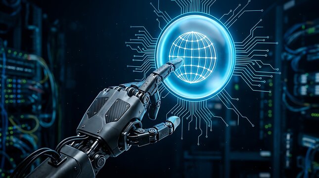 Robotic hand touching glowing digital globe icon representing global connectivity and advanced network infrastructure in a high tech server room environment with futuristic data visualization elements
