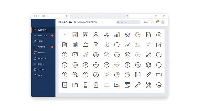 Modern UI dashboard interface design template with analytics icons