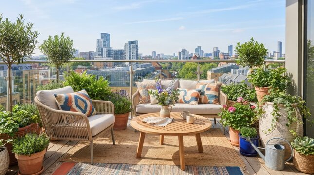 Modern luxury apartment balcony terrace with comfortable outdoor furniture and green plants overlooking a beautiful city skyline view