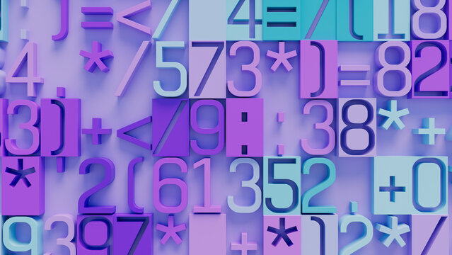 Vibrant Array of Colorful Geometric Symbols and Numbers in Purple, Blue, and Pink on Solid Light Purple Background, Playful Abstract Art for Graphic Design and Creative Projects