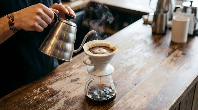 Barista pouring hot water for manual drip pour-over coffee.