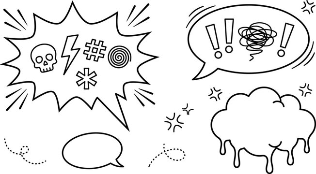 Swear Word Speech Bubble Outline Icon Set with Comic Curse Symbols Skull Lightning Exclamation and Angry Cloud Vector Designs