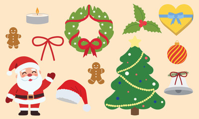 Fototapeta premium Christmas and New Year icons bundle vector illustration. Flat cartoon holiday character, tree, wreath, gift, gingerbread, and candle collection