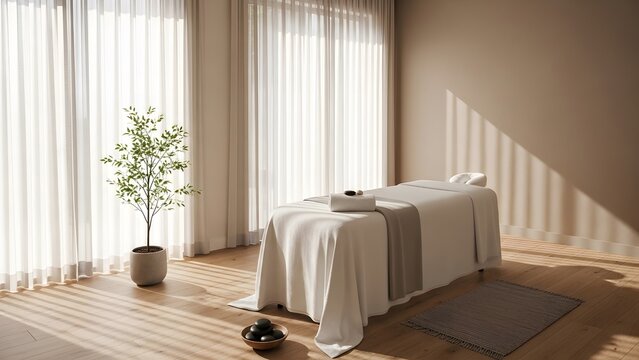 Serene spa treatment room with natural light and wooden flooring