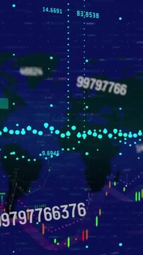 Animation of changing numbers and graphs with map over black background