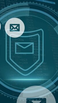 Animation of envelope icon in circles over cyber security, envelope and shield in loading circles