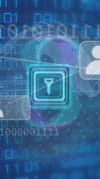 Animation of padlock icon over binary coding data processing