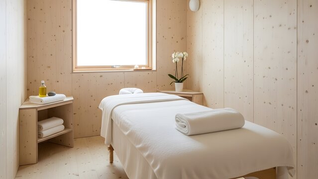 Serene spa treatment room with white orchid and massage bed setup