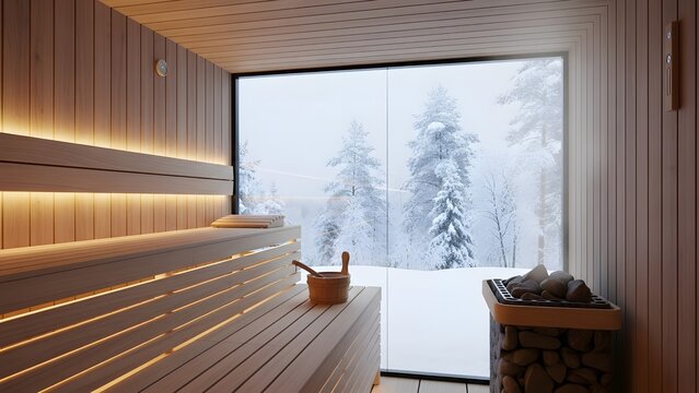 Modern wooden sauna interior with panoramic view of snowy winter forest