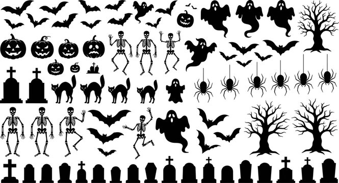 Halloween silhouette icon set vector collection with skeletons ghosts bats pumpkins and tombstones