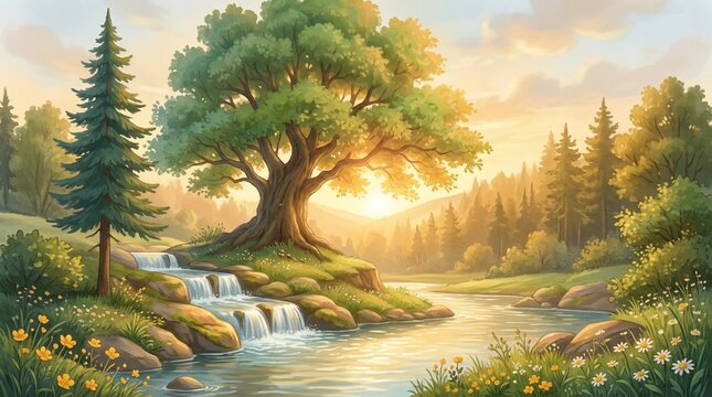 Sunlit waterfall landscape