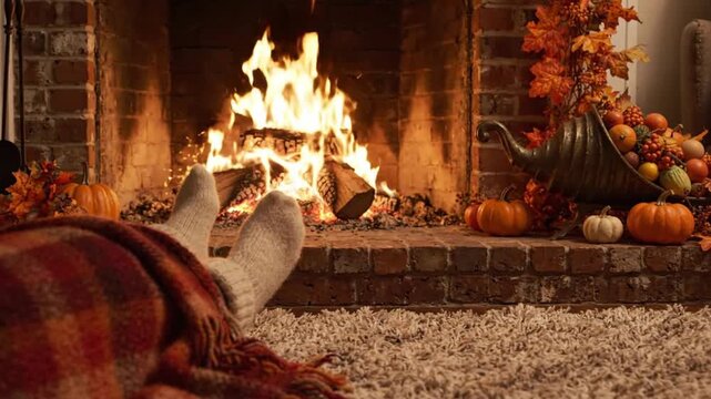Cozy Fall Living Room with Feet in Warm Wool Socks Under Plaid Blanket Relaxing by Roaring Fireplace with Thanksgiving Cornucopia and Pumpkins Decor