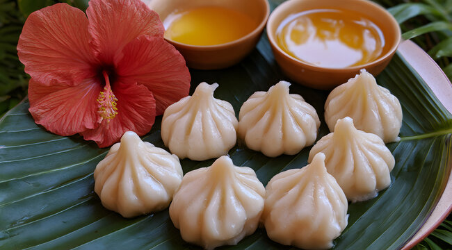 Traditional modak sweets are served on a banana leaf with ghee and hibiscus flower