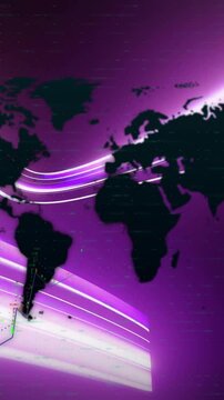 Animation of data processing and world map over light trails on purple background
