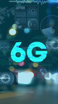 6G technology animation over blurred cityscape with lights and digital icons