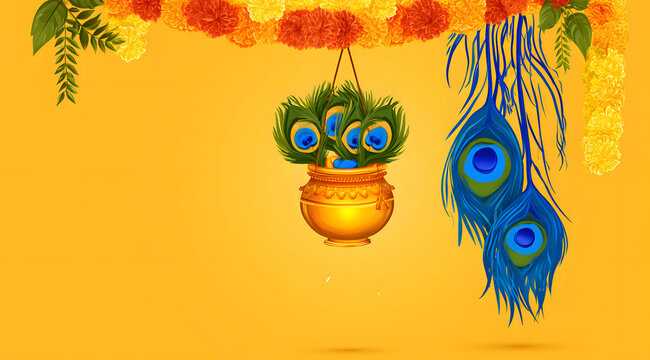 Krishna Janmashtami celebration background with hanging dahi handi and peacock feathers and marigold
