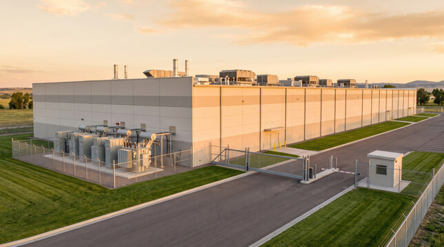 Exterior of a large data center warehouse at sunset