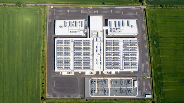 Aerial top down view of a large data center with solar panels