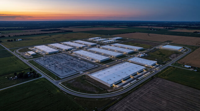 Large industrial warehouse complex and power station at sunset