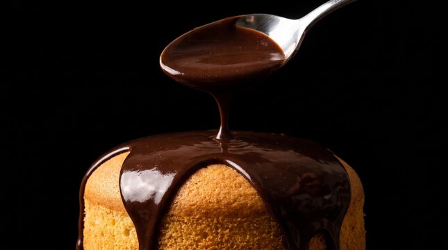 A close-up shot of a silver spoon pouring rich, dark chocolate ganache over a freshly baked, golden-brown cake against a stark black background.