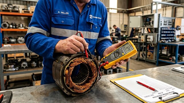 Industrial technician in blue uniform testing electric motor winding with digital multimeter and filling out inspection report at workbench in busy machine repair factory workshop setting