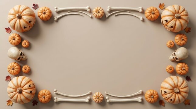 Festive halloween 3d pumpkin and skull frame background and border featuring decorative autumn elements for your holiday seasonal design projects