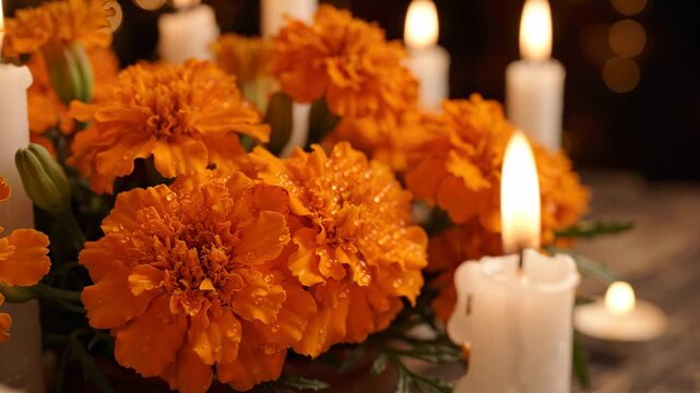 Day of the Dead altar decoration with bright orange marigolds and lit white candles, traditional ofrenda arrangement with bokeh background