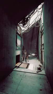 A forgotten corridor invites adventure with rays of light breaking through cracks in the ceiling. Tools litter the floor, hinting at past renovations and stories untold in this eerie setting.