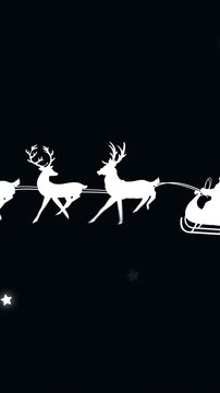 Animation of santa sleigh over stars on black background