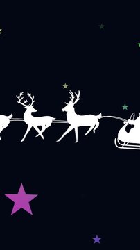 Animation of santa sleigh over stars on black background