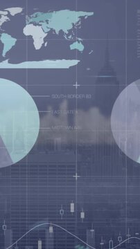 Animation of statistical data processing over grid network against aerial view of cityscape