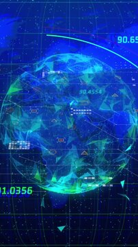 Animation of financial data processing over globe and world map