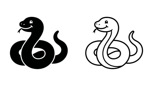 Cute Snake Icon: A charming cartoon illustration of a snake, presented in both solid black and outline versions, displays a friendly smile and curled tail.