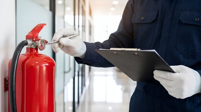 Safety Inspector Checking Fire Extinguisher Pressure Gauge With Clipboard In Modern Office Building