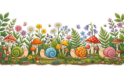 Obraz premium Charming Garden Border with Happy Snails. Colorful Mushrooms. Flowers. and Butterflies Illustratio