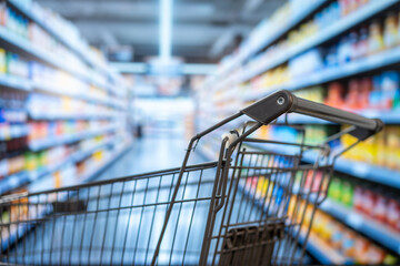 Empty shopping cart in a bright supermarket aisle with blurred shelves of colorful grocery products, showing everyday food shopping and retail choice. © NanSan