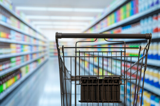 Empty shopping cart in a bright supermarket aisle with blurred shelves full of colorful grocery products, showing a retail shopping trip.