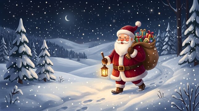 Jolly santa claus walking through a magical snowy forest at night while carrying a large sack of colorful holiday presents