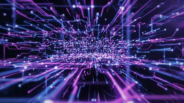 Abstract digital network in neon blue and pink, moving through data streams and binary code, perfect for technology and futuristic concepts