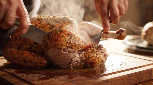 Close Up Hands Carving Hot Steaming Roasted Turkey on Wooden Cutting Board for Thanksgiving Dinner, Holiday Family Feast, and Christmas Celebration