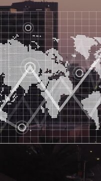 Animation of interface with data processing over world map against aerial view of cityscape