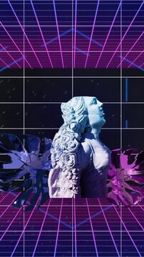 Animation of 3d diamonds, glitching classical statue and leaves over purple grids on dark background