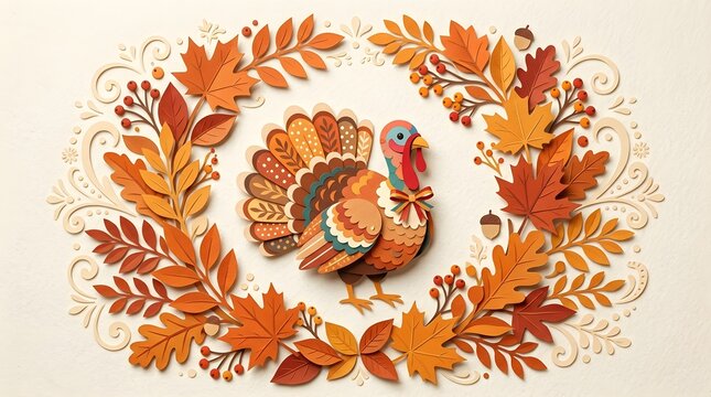 Colorful paper turkey illustration surrounded by intricate autumn foliage and berries on a textured off white cream background paper art