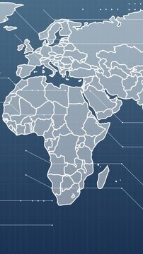 Animation of digital data processing over world map and blue background