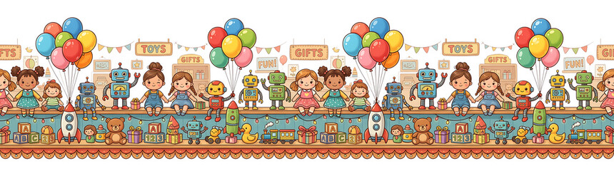 Fototapeta premium Whimsical Children s Toy Store Border with Diverse Kids. Robots. and Balloons. Celebrating Fun