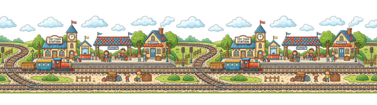 Charming cartoon train station scene with families waiting. trains. and colorful buildings in a re