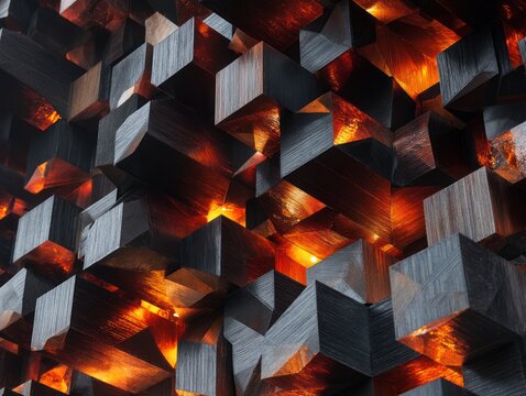 Abstract 3D Cubes with Fiery Orange Glow.