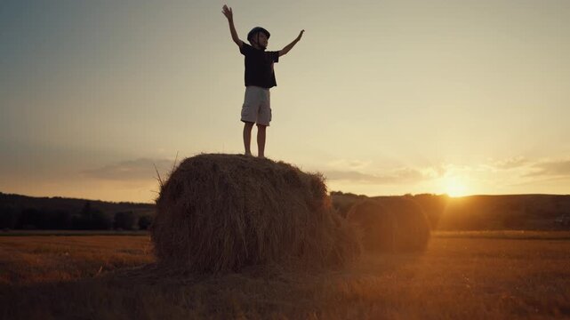Funny little boy standing on haystack in beautiful golden field, merry vacation. Spend holidays in countryside, enjoy simple rural life, happy childhood moments, carefree child screaming and dancing