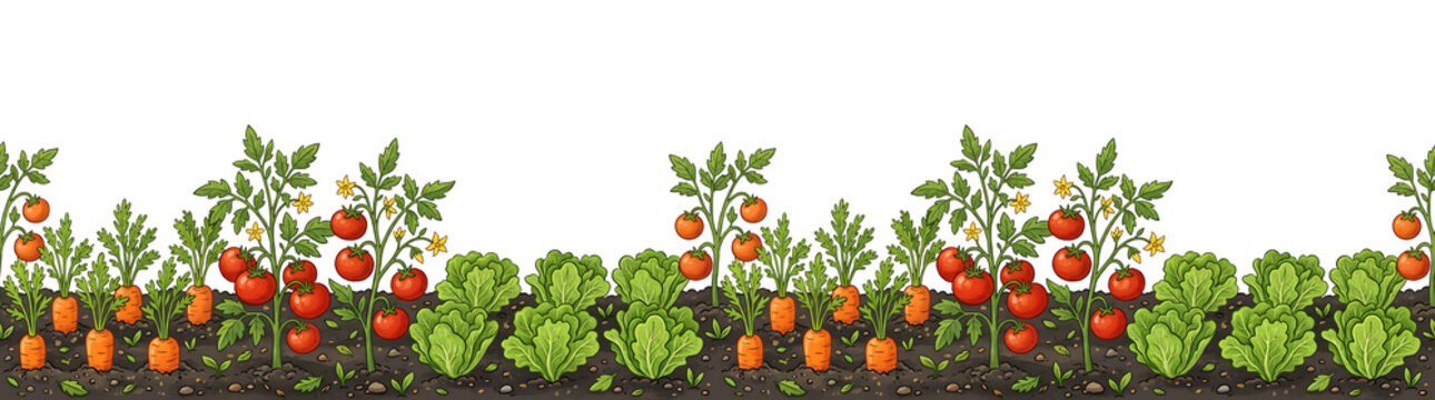 Vibrant cartoon vegetable garden border with growing tomatoes. carrots. and lettuce in fertile soi