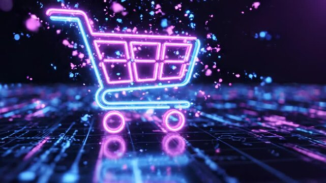 Neon shopping cart icon made of glowing light lines, representing online shopping and e-commerce, digital marketplace concept